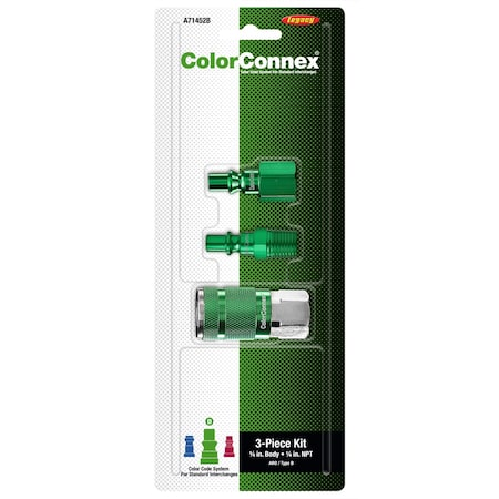 Colorconnex Coupler and Plug Kit, 3-Piece, Type B, 1/4in Body, 1/4in NPT, Green A71452B
